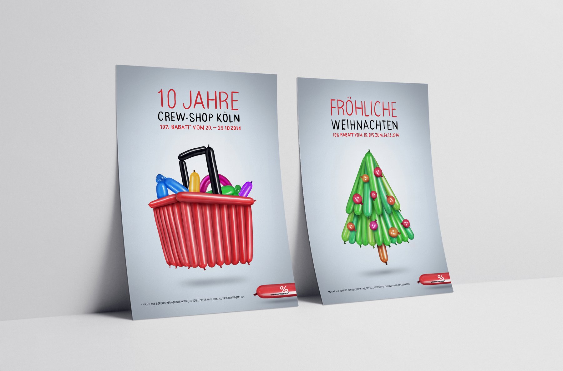 Kampagnenmotive „10 Jahre Crew-Shop Köln“ und „Fröhliche Weihnachten“ mit Ballon-Einkaufskorb und Ballon-Weihnachtsbaum