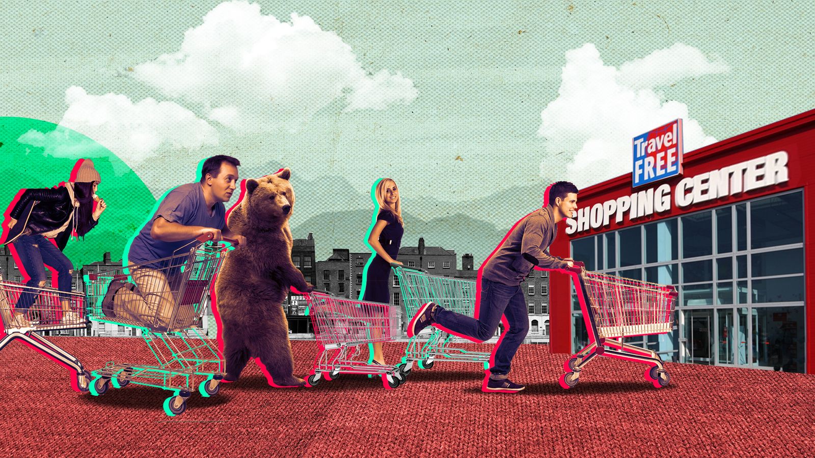 TravelFREE Imagefilm: Mixed-Media-Collage mit Personen und Einkaufswagen vor dem TravelFREE Shopping Center